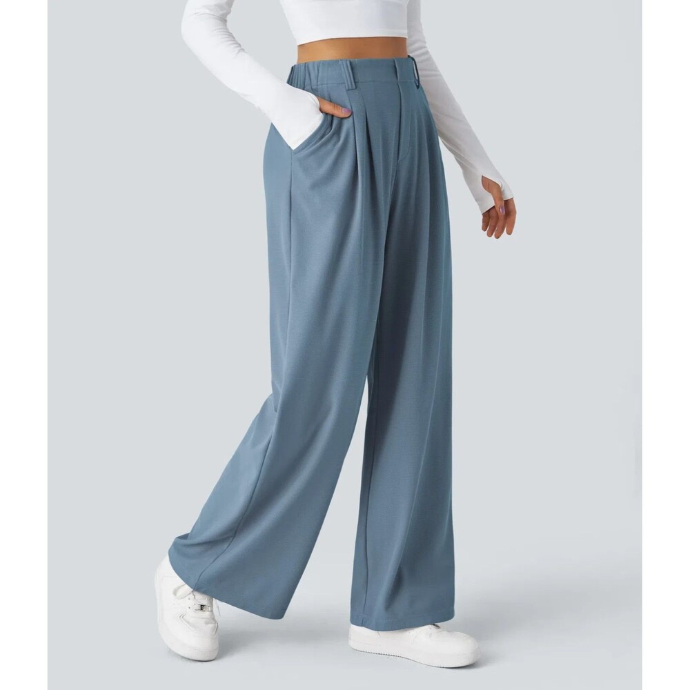 Halara Flex High Waisted Pocket Wide Leg Waffle Work Pants Blue Size M Tall